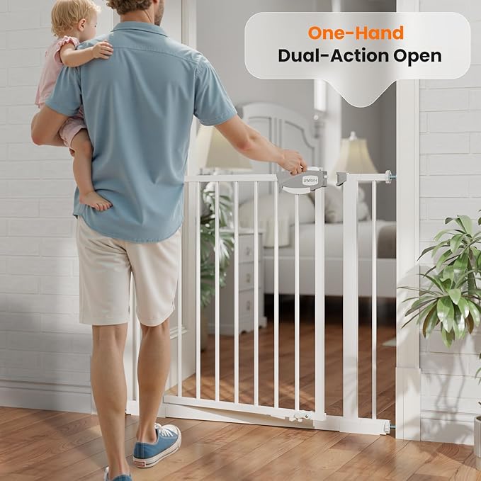 Auto-Close Baby Gate for Stairs & Doorways Dog Gate - Adjustable Steel Safety Gate with Dual Lock, Fits 29"-39" Wide, Pressure Mount No Drilling (White, 30-39" W x 30" H)