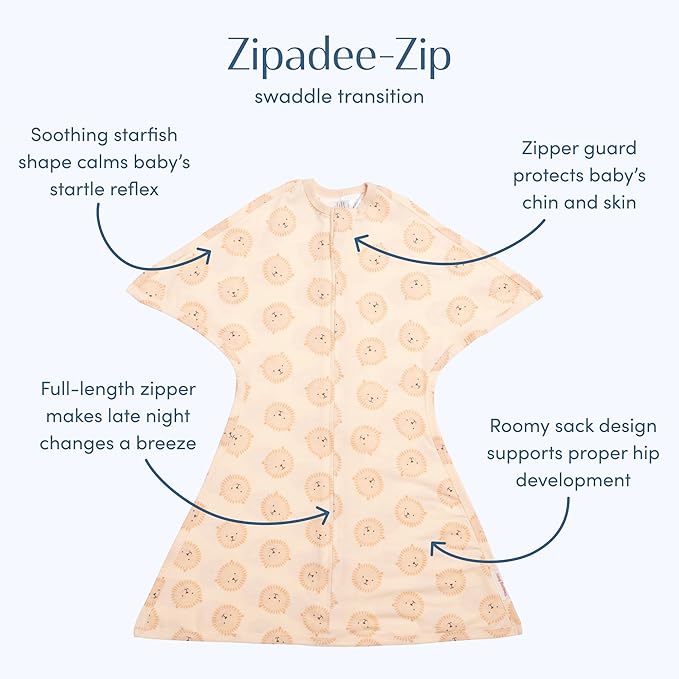 SleepingBaby Zipadee-Zip Transition Swaddle - Cozy Baby Swaddle Blanket with Zipper Convenience - Roomy Wearable Blanket for Easy Diaper Changes - Lions, X-Small (3-6 Month)