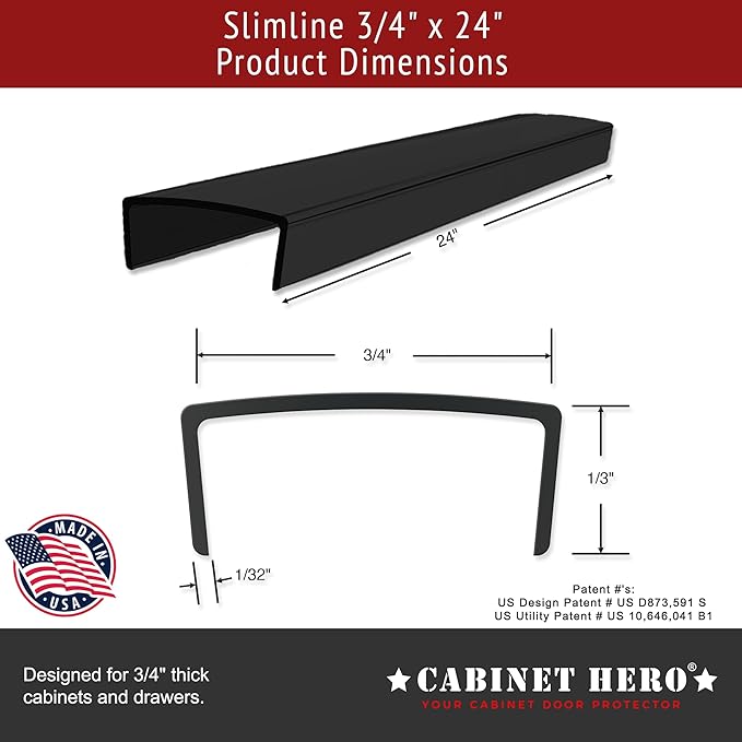 Cabinet Hero Slimline Cabinet Edge Protector - Prevents Chipping, Wear, Discoloration - Drawer Edge Guard, Bumper for Drawer - Easy Slip-On Installation - 3/4" Thick, 24" Length, Black, Pack of 4
