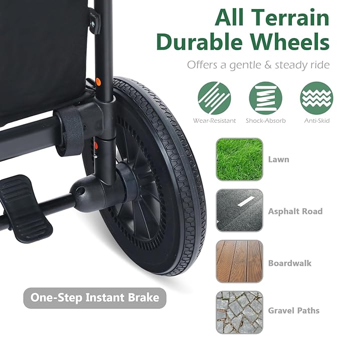 Kinder King Folding Wagon Stroller for 2 Kids, All-Terrain Baby Stroller Wagon Outdoor, Removable Canopy 2 Seater, Adjustable Handle, Shock-Absorbing Wheel, Detachable Tray, Parent Organizer, Black