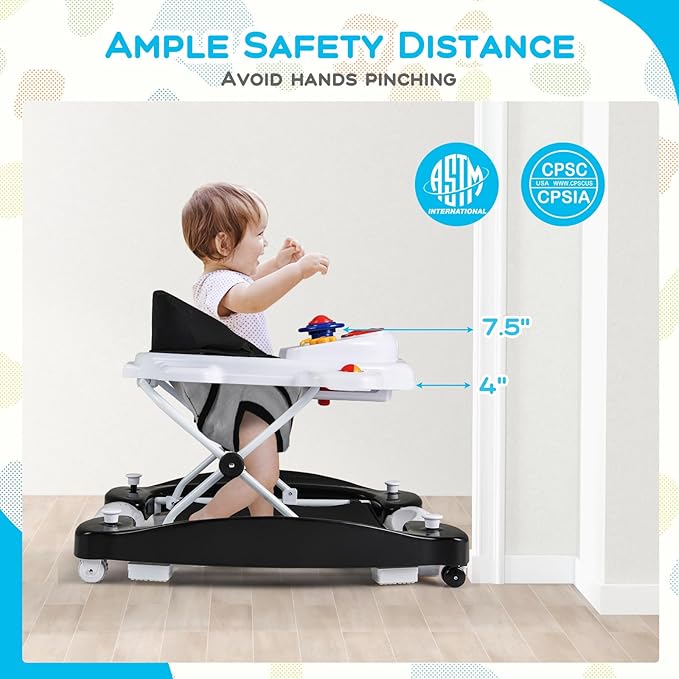 BABY JOY 6-in-1 Baby Walker, Foldable Baby Walker with Wheels, Adjustable Height, Music, Lights, Bouncer & Rocker Mode, Baby Walkers for Boys Girls 6-14 Months (Black)