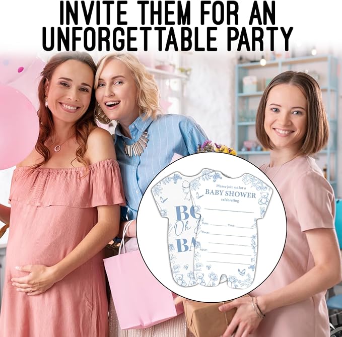 LyoGao Oh Boy Baby Shower Invitations - Dusty Blue Toile Bear Baby Shower Party Fill in Invites Cards With Envelopes (20 Pack)