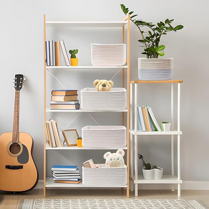 COMFY-HOMI 13" x 8.5" x 5.1" Storage Baskets for Organizing | Cotton Rope Woven Basket | Toy Storage Bin Box | Basket for Shelves, Closet Organizer Bin, Decorative Closet Shelf, 3 Pack, White