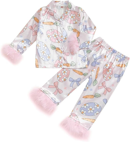 Toddler Kids Baby Girl Solid Pjs Ruffle Long Sleeve Button Shirt Top and Pants Cotton 2Piece Pajamas Set