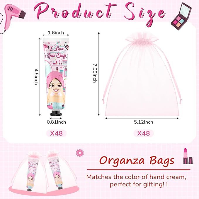 48 Sets Spa Party Supplies for Women Hand Cream Bulk Spa Birthday Party Favors Bachelorette Supplies for Girls Travel Size Lotion with Organza Bags