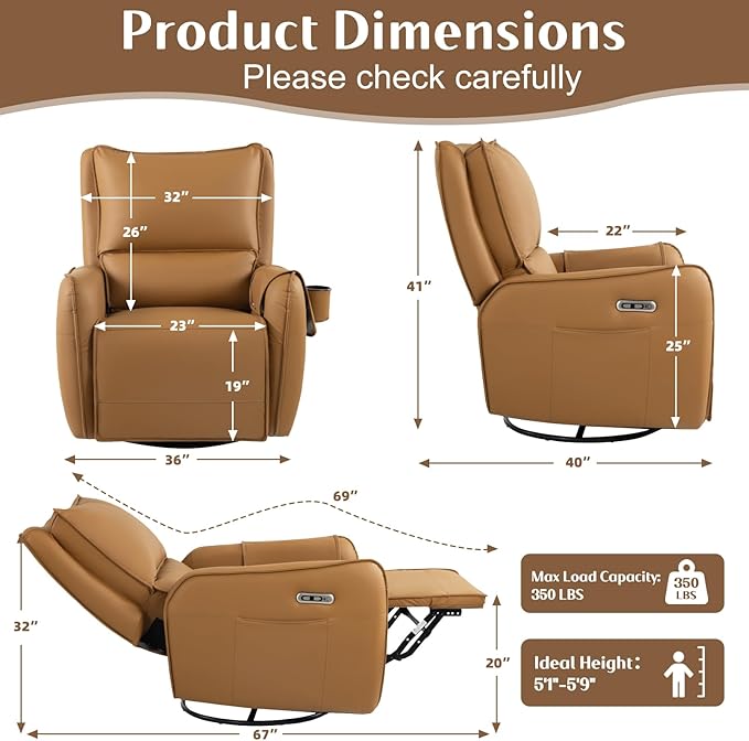Power Recliner Gliders for Nursery, Electric Swivel Rocker Recliner Chair, Comfy Upholstered Living Room Reclining Rocking Chairs with Lumbar Support