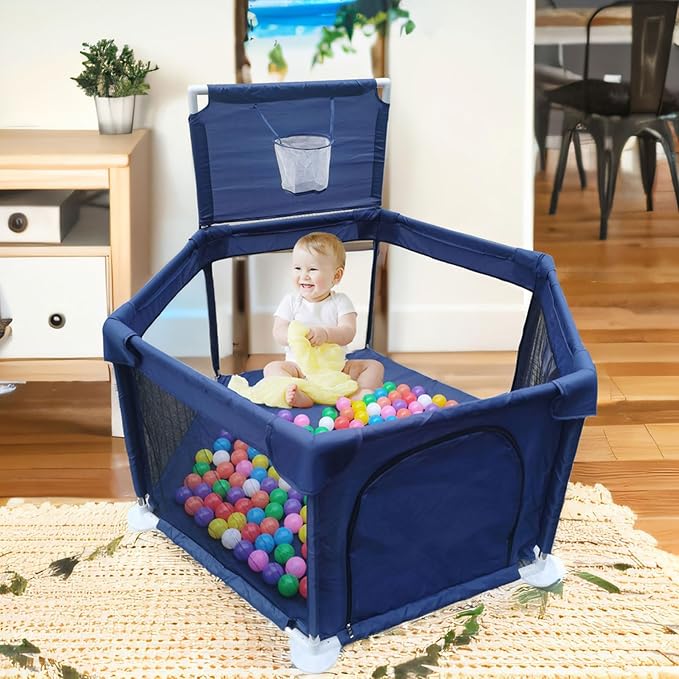 Portable Baby Ball Pit Playpen Playard Fence Playtent with Basketball Hoop Breathable Mesh for Indoors Outdoors Toddler Kids Large