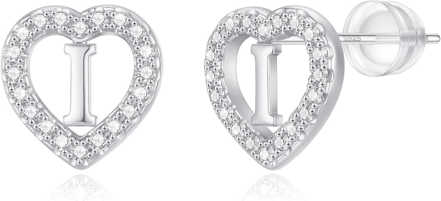 Initial Heart Earrings for Girls, Sterling Silver Post Silver/Rose Gold Heart Initial Stud Earrings for Little Girls Kids Baby Earrings Non Tarnish Hypoallergenic Earrings for Teen Girls Gifts Jewelry
