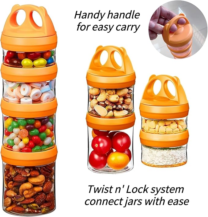 SELEWARE Portable Stackable Food Storage Containers for Snacks Formula Powder and Drinks Twist Lock System Airtight Leak-proof BPA and Phthalate Free 4 Piece Jars 31oz Orange