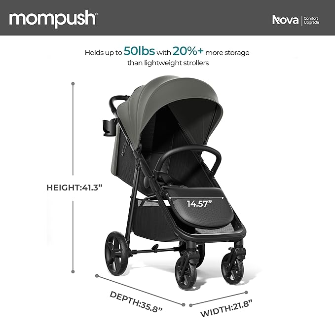 Mompush Nova Baby Stroller for Toddler, Infant & Newborn | Spacious Seat & Lie-Flat Mode | Compact One-Hand Fold, UPF 50+ Canopy & All-Wheel Suspension | Includes Rain Cover & Cup Holder, Green
