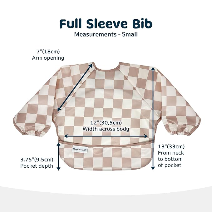 Tiny Twinkle Mess Proof Baby Bib,Waterproof Smock Baby Bib for Eating,Machine Washable Long Sleeve Bib,Baby Led Weaning,Toddler Bib,BLW Supplies(Checkers Brown,Large 2-4 Years)