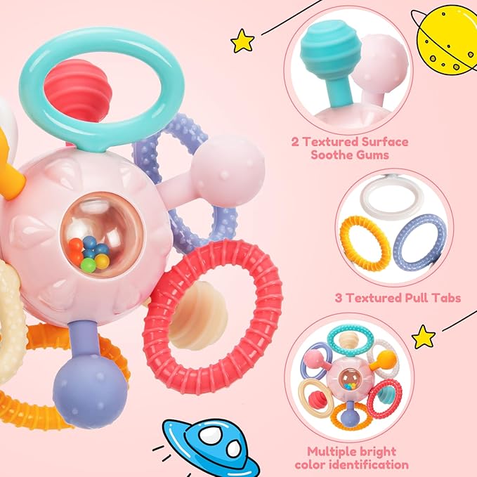 Baby Teething Toys for 0-6 6-12 Months, BPA Free Food Grade Silicone Teether, Infant Sensory Chew Rattles Toys, Gifts for Infant Newborn Boys Girls 0 3 6 9 12 18 Months, Pink
