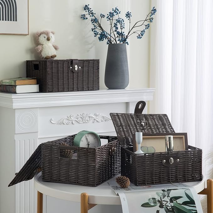 Set of 3 Woven Wicker Storage Basket Box with Lid & Lock, Built-in Carry Handles, Multifunctional Storage Organiser for Nursery, Baby, Clothes, Toys, Books, Large/Medium/Small Size (Brown)