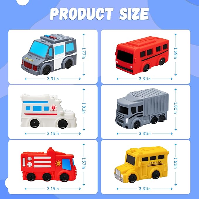 Mold Free Bath Toys, 6 Packs No Hole Baby & Toddler Bathtub Toys: Water Floating Vehicles Truck School Bus Car Toy, Sealed Soft Silicone Rubber Bath Toys for Kids ages 0+ (with Mesh Storage Organizer)
