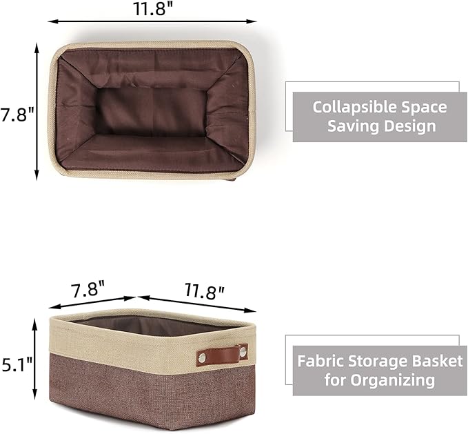 HNZIGE Foldable Fabric Storage Baskets for Shelves(6pack) Small Bins with Handles, Canvas Baskets for Gifts Empty With Handles for Closet Nursery Home Shelves Toy (Gold&Brown, 11.8" x 7.8" x 5.1")