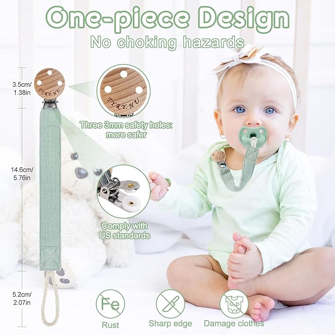 TYRY.HU Ribbon Pacifier Clip Holder,4 Pack Binky Paci Holder Clips, Pacifier Leash for Boys and Girls, Soft Webbing Strap Universal Fits for Most Pacifier, Styles & Teethers(Khaki,Grey,Green,Pink)