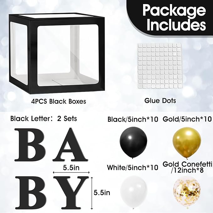 Ledido Baby Boxes with Letters for Baby Shower Decorations with 38 Balloons, 4 pcs Clear Baby Balloon Boxes Blocks for Baby Shower Decor Boy Girl Gender Reveal Decorations Backdrop Party (Black)