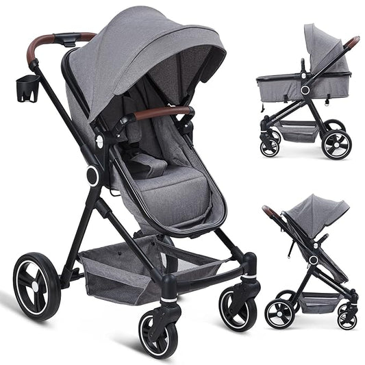 2 in 1 Baby Stroller for Toddler 0-3, Bassinet Stroller for Toddler with Large Storage Basket, Shock Absorbing，Stroller for Newborn with Removable Seat, Cup Holder，Stroller That Converts to Bassinet