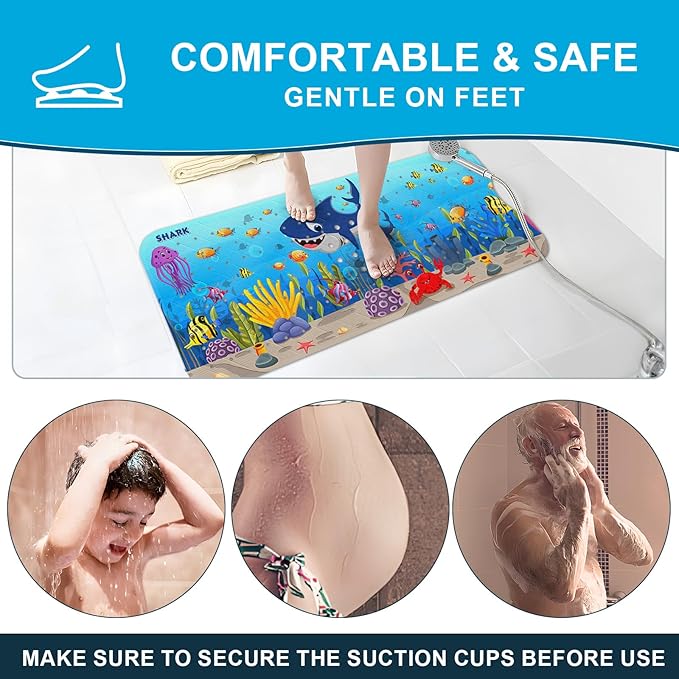 XIYUNTE Baby Bath Mat for Tub Non Slip Kids Bath Mat - 40''x16'' Extra Long Cartoon Shark Baby Bath Tub Mat Eco-Friendly Toddler Bath Mats with Suction Cups and Drain Holes Easy to Clean & Easy Drying