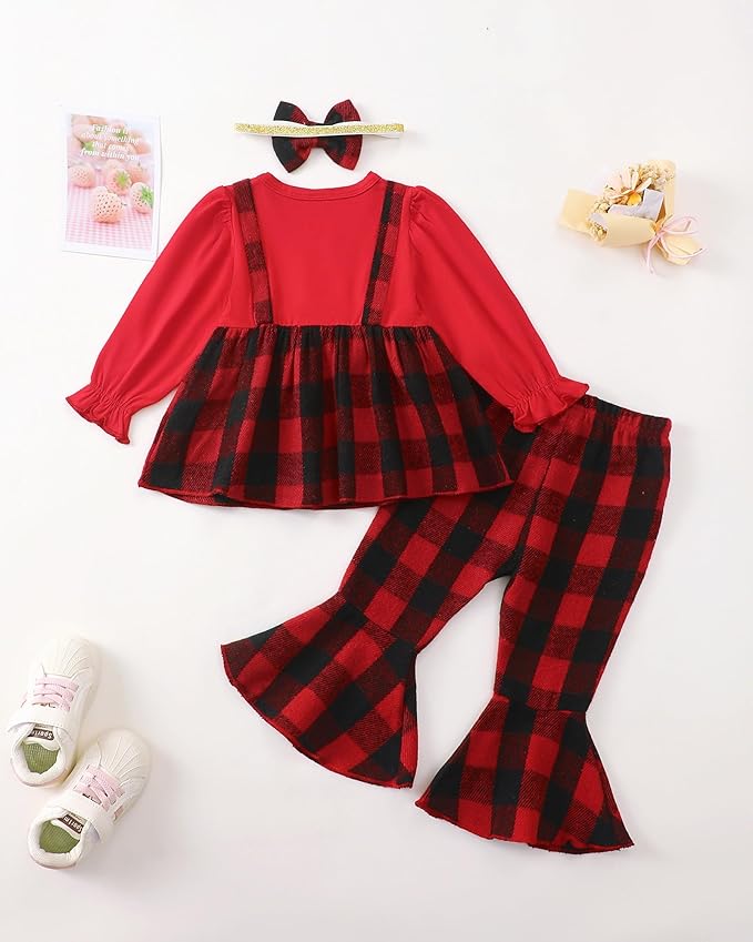 Kucnuzki Toddler Baby Girl Clothes Outfit Long Sleeve Plaid T Shirt Top Flare Leggings Pants 2 Piece Outfit Kids Clothes