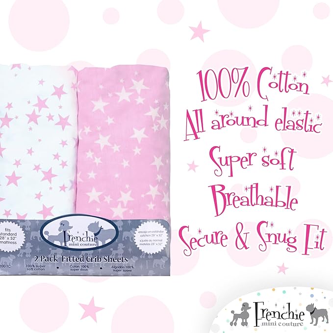 Fitted Crib Sheets 100% Woven Cotton Fits Toddler Mattress, Pink Stars, 28 x 52inx8in, 2-Pack