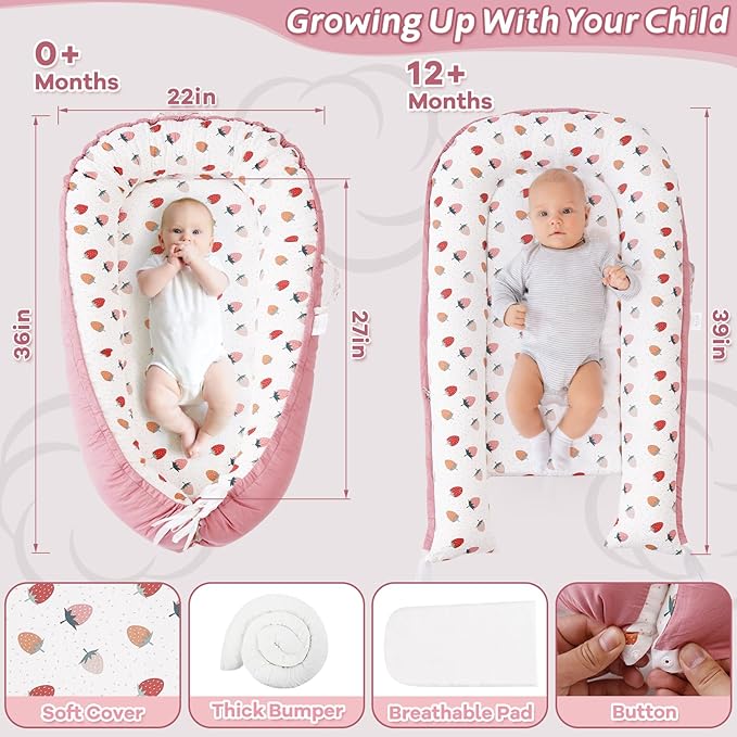ALINUX Baby Lounger for Newborn 0-24 Months,100% Cotton Baby Lounger Cover, Suitable for Babies Aged 0-24 Months, Pink