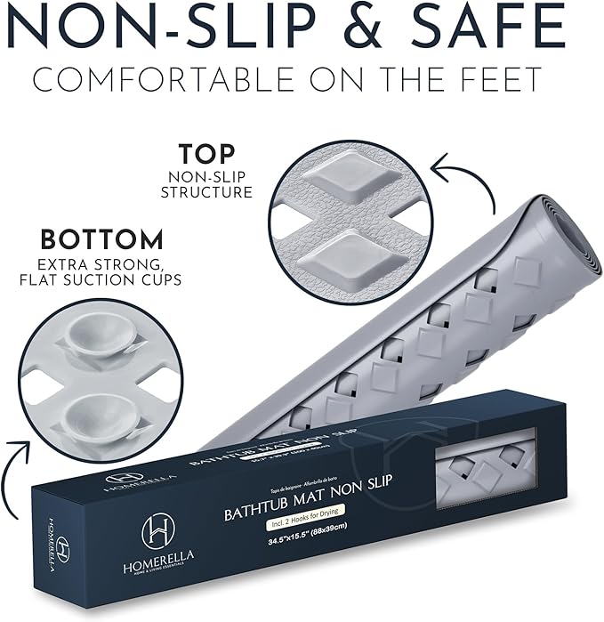 homerella® Bath Mat for Tub Non Slip Mold Resistant 35x16 - Shower Mat Non Slip Anti Mold - Bath Tub Mat Suction Cups incl. Hooks for Drying - Bathtub Mat Non Slip - ANI Slip Shower Mat Inside Tub