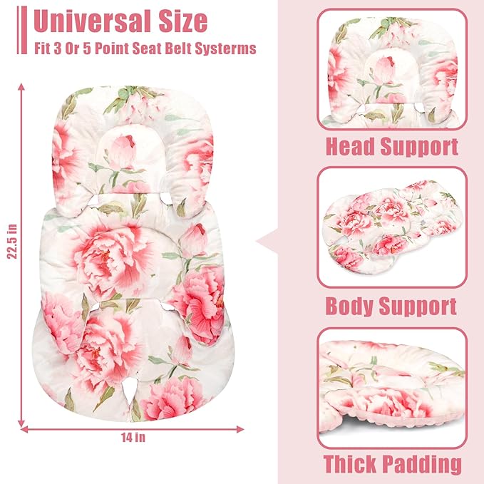 Infant Car Seat Insert, HNHUAMING Baby Car Seat Head & Body Support for Newborn, Ultra Soft Reversible Preemie Carseat Insert Cushion for Girls Boys, Fit CarSeat, Stroller, Swing, Bouncer, Pink Floral