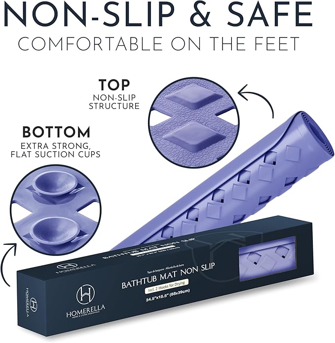 homerella® Bath Mat for Tub Non Slip Mold Resistant 35x16 - Shower Mat Non Slip Anti Mold - Bath Tub Mat Suction Cups incl. Hooks for Drying - Bathtub Mat Non Slip - ANI Slip Shower Mat Inside Tub