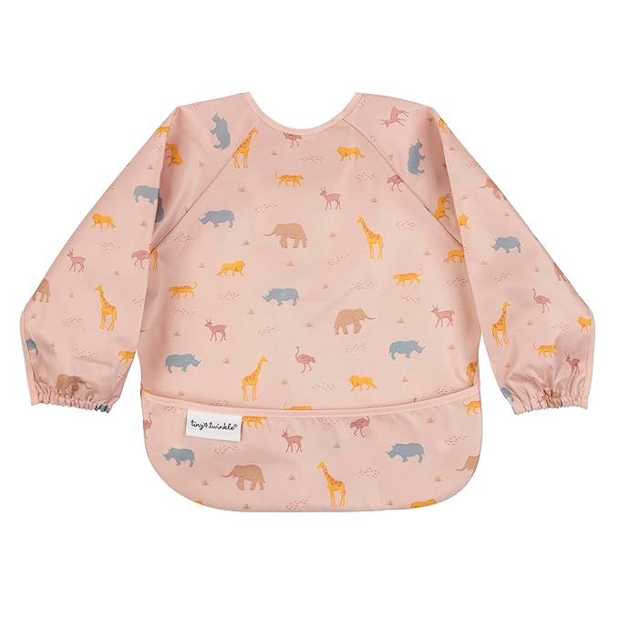 Tiny Twinkle Mess Proof Baby Bib,Waterproof Smock Baby Bib for Eating,Machine Washable Long Sleeve Bib,Baby Led Weaning,Toddler Bib,BLW Supplies(Petite Safari, Large 2-4 Years)