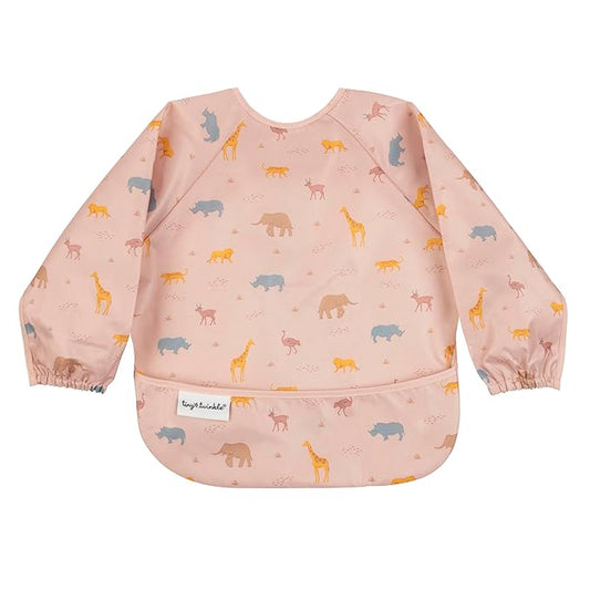 Tiny Twinkle Mess Proof Baby Bib,Waterproof Smock Baby Bib for Eating,Machine Washable Long Sleeve Bib,Baby Led Weaning,Toddler Bib,BLW Supplies(Petite Safari, Large 2-4 Years)