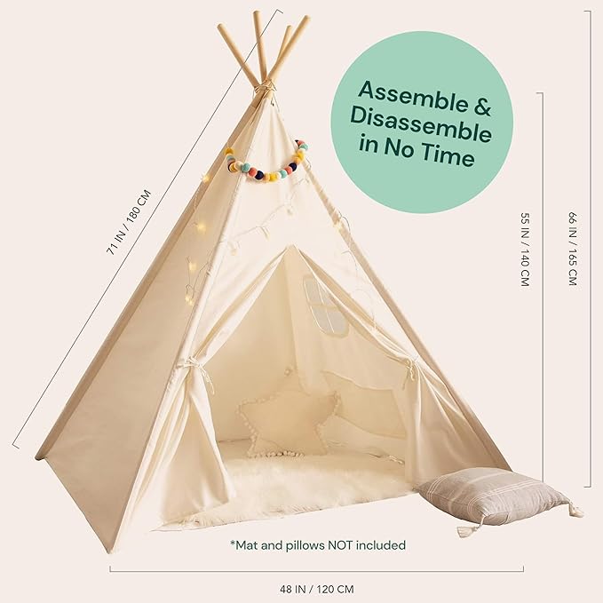 PLAYVIBE Teepee Tent for Kids - Castle Theme, Plastic Canopy - Indoor & Outdoor Toddler Playhouse with LED Star Lights & Cozy Reading Nook