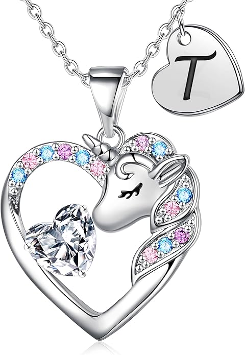 Unicorn Necklace Gifts for Girls Kids - Colorful CZ Heart Initial Necklaces Unicorn Necklace for Girls Jewelry Birthday Gifts for Little Girl Kids
