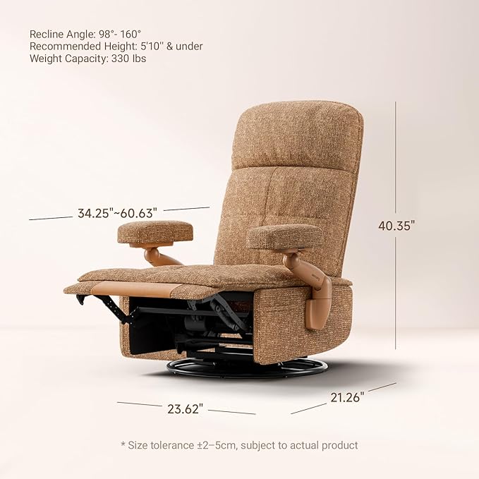 Nursery Swivel Glider Recliner Chair with Adjustable Armrests & Headrest, Rocking Chair Nursery with Removable Cover for Breastfeeding, FSC & Oeko-TEX Certified, Brown
