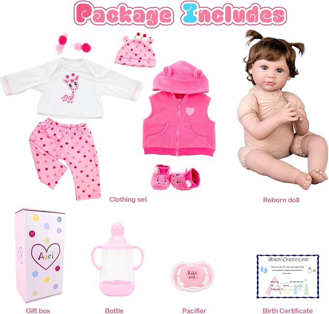 Aori Reborn Baby Girl Dolls - 22 Inch Realistic Lifelike Newborn - Handmade Soft Vinyl Girl Doll with Feeding Accessories | Weighted Cuddly Baby Toddler Gift Set for Kids 3+