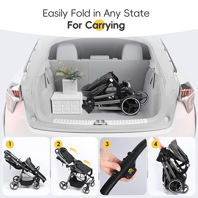 MU Double Stroller, Foldable Twin Tandem Stroller with Adjustable Backrest, Reversible Seat, 5-Point Harness, Storage Basket, Convertible Baby Bassinet for Infant and Toddler, Gray