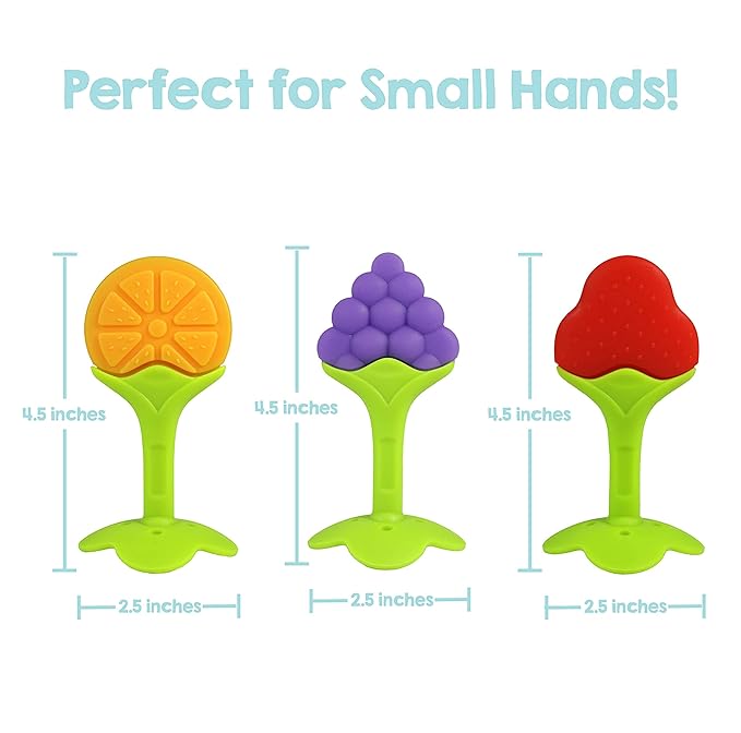 RaZbaby Infant & Baby Massager & Teether Toy 3-Pack, Fruit-Shaped Multi-Texture Teethers Soothe Sore Gums, Non-Toxic BPA-Free Food-Grade Silicone, Hands-Free & Easy to Hold, Safe to Freeze, 3M+