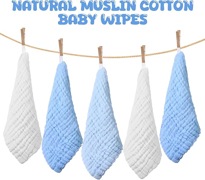 Breling 20 Pcs Baby Muslin Washcloth 12 x 12 Inch 100% Cotton Soft and Absorbent Muslin Washcloth Burp Cloth Wipe Newborn Face Towel for Baby Boy Girl Sensitive Skin(White, Light Blue, Blue)
