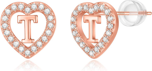 Initial Heart Earrings for Girls, Sterling Silver Post Silver/Rose Gold Heart Initial Stud Earrings for Little Girls Kids Baby Earrings Non Tarnish Hypoallergenic Earrings for Teen Girls Gifts Jewelry