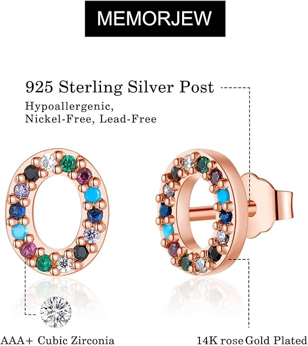 Memorjew Initial Stud Earrings for Women, Hypoallergenic 925 Sterling Silver Post Rainbow Cubic Zirconia Gold Plated 26 Initial Earrings for Women Jewelry Gifts