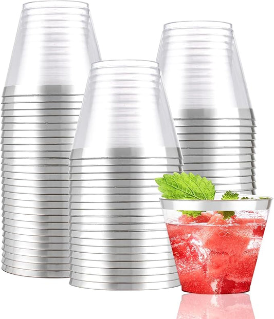 WDF 60 PACK Sliver Plastic Cups Disposable - 9 Oz Clear Plastic Cups with Silver Rim, Premium Disposable Party Cup for Christmas, Holiday Gathering, Wedding, Party