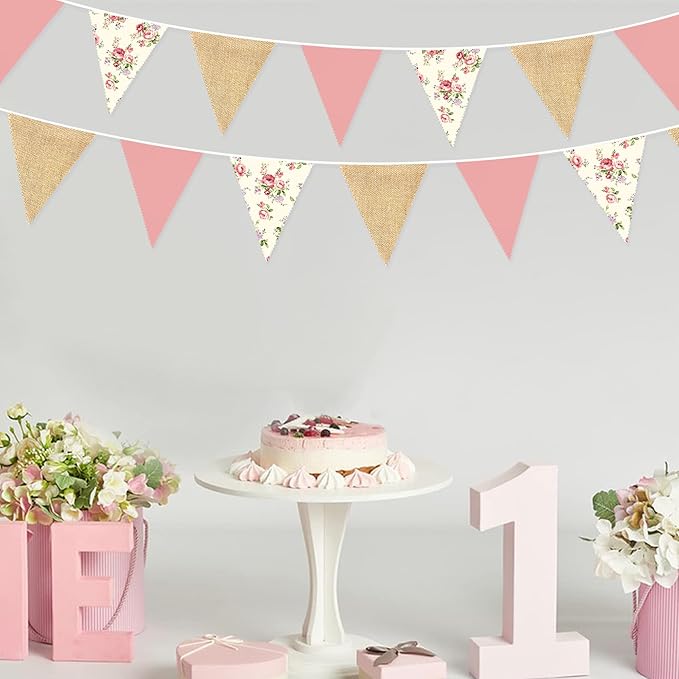 32Ft Flora Party Decorations Blush Rose Pink Burlap Flora Triangle Flag Fabric Banner Pennant Garland Streamer for Chic Tea Party Vintage Birthday Wedding Baby Shower Engagement Rustic Garden Decor