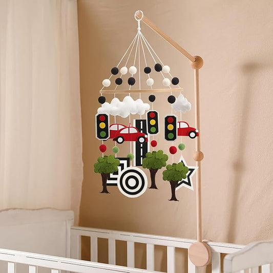 High Contrast Mobile - Black and White Crib Mobile for Development with red Cars, Green Trees and Black and White Patterns