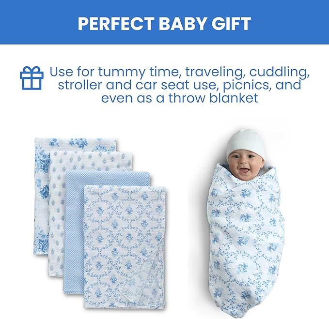 Delta Children 100% Cotton Muslin Baby Receiving Blankets for Girls and Boys – 47x47 Inches (Pack of 4), Blue Botanicals