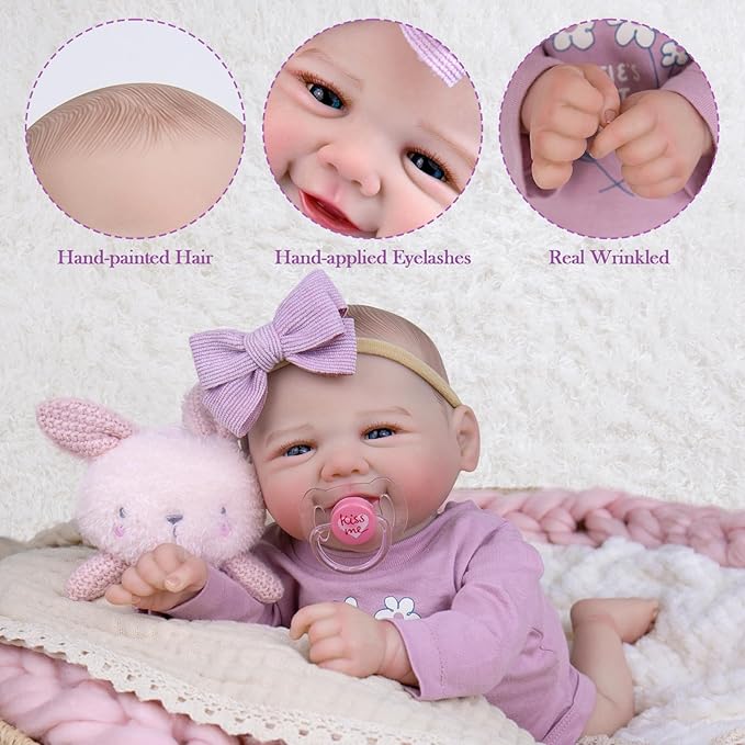 Aori Lifelike Reborn Baby Dolls - 20 Inch Realistic Smiling Girl Newborn Baby Doll with Weighted Body for Cuddling Poseable Soft Vinyl Limbs with Purple Outfit Set for Kids 3+ Role Play