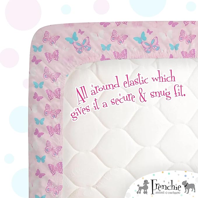 Fitted Crib Sheet Single, 100% Woven Cotton, Toddler Fitted Sheet, Fits Standard Size Baby Mattress 28 x 52 x 8in, Butterfly (Pink)