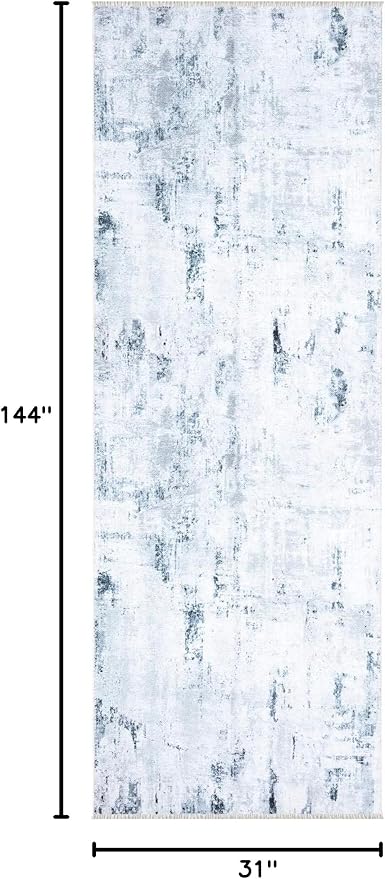 Bloom Rugs Caria Washable Non-Slip 12 ft Runner - Ivory/Silver/Blue Modern Abstract Runner for Entryway, Hallway, Bathroom, and Kitchen - Exact Size: 2'6" x 12'