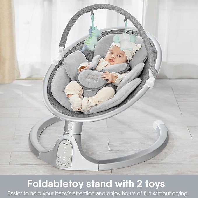 BabyBond Baby Swings for Infants, Bluetooth Infant Swing with 3 Seat Positions, 5 Natural Sway Motion and 5-Point Harness, Portable Baby Swing for Indoor and Outdoor, Silver