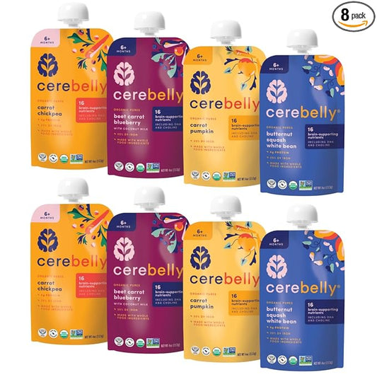Cerebelly Organic Baby Food Pouches – Organic Hearty Veggie Purees | 16 Nutrients, No Added Sugar, Non-GMO | Blended Toddler Food | 4oz BPA-Free | 4 Flavors | 8 Pack