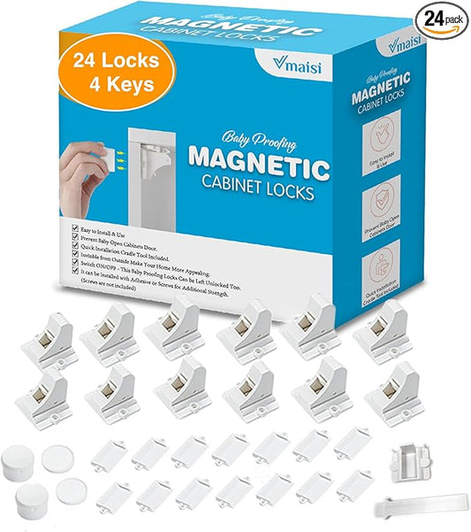 Vmaisi Adhesive Magnetic Locks for Cabinets & Drawers (24 Pack and 4 Keys + Cradle)
